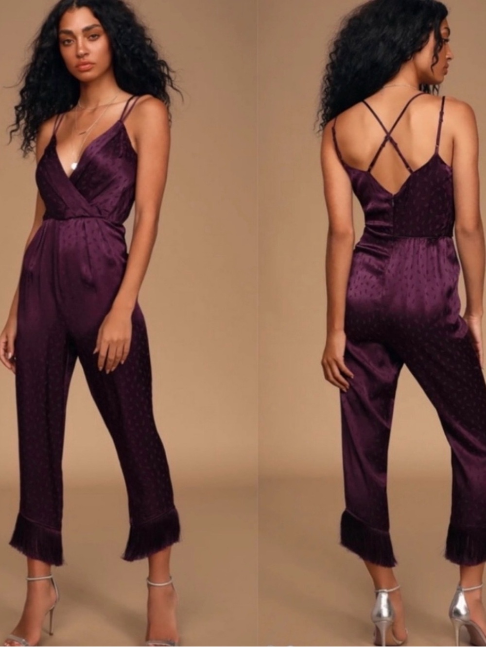 ALI & JAY Deep Plum Satin Fringe-Hem Strappy Jumpsuit